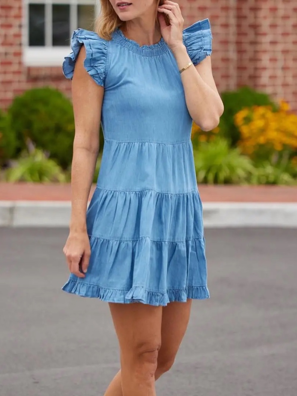 Sail to Sable Blue Chambray Tiered Ruffle Dress Size L